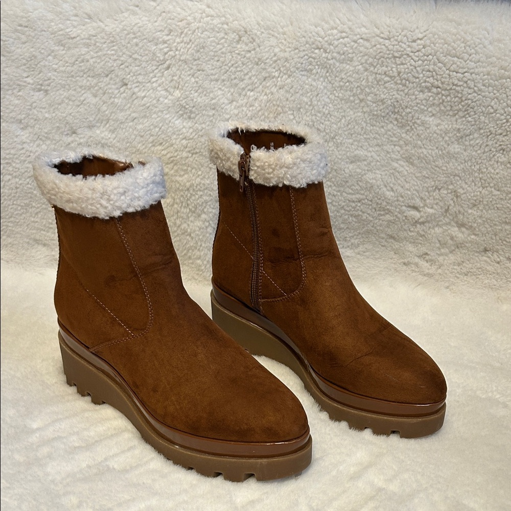 DKNY Brown Suede Boots with White Fur